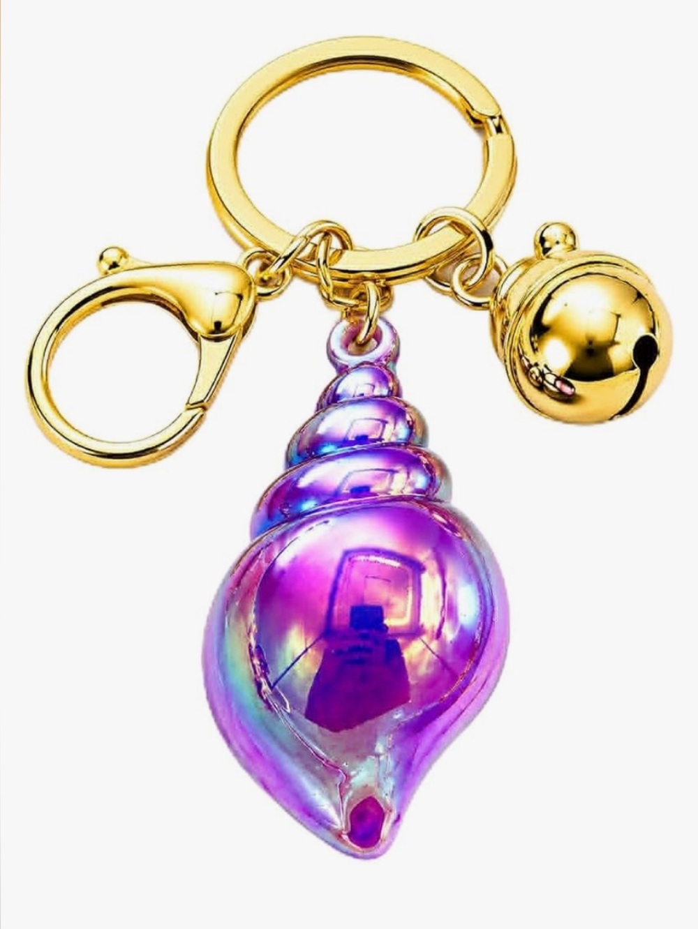 Bag Charm/Key Chain-Glossy Shell Keychain Gold Tone Bag Charm Key Chain, 1. Glos
